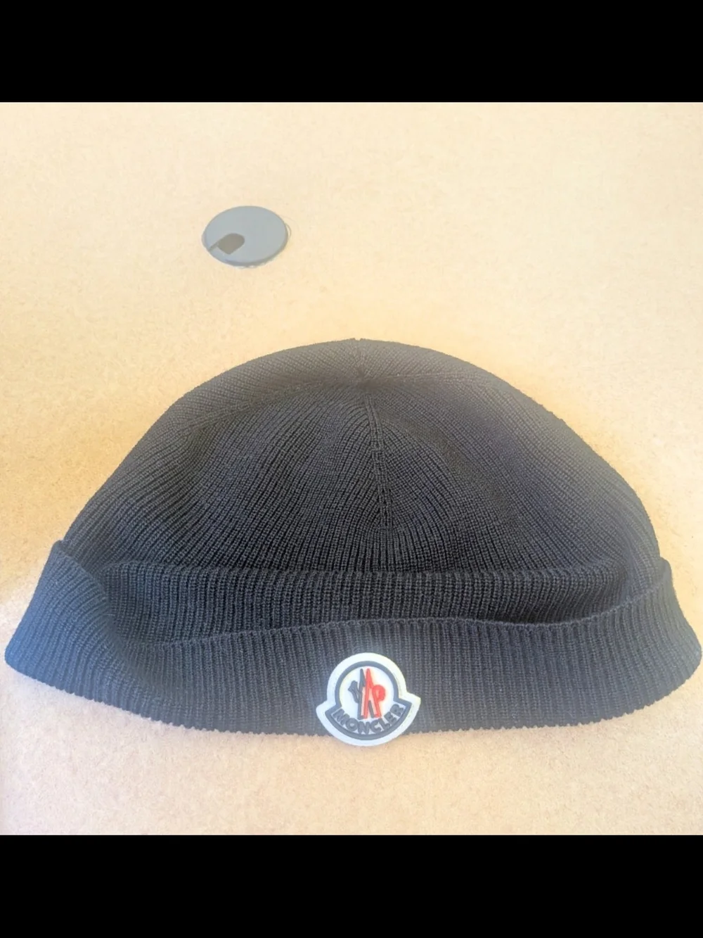 Moncler Black Ribbed Knit Beanie with Logo Patch